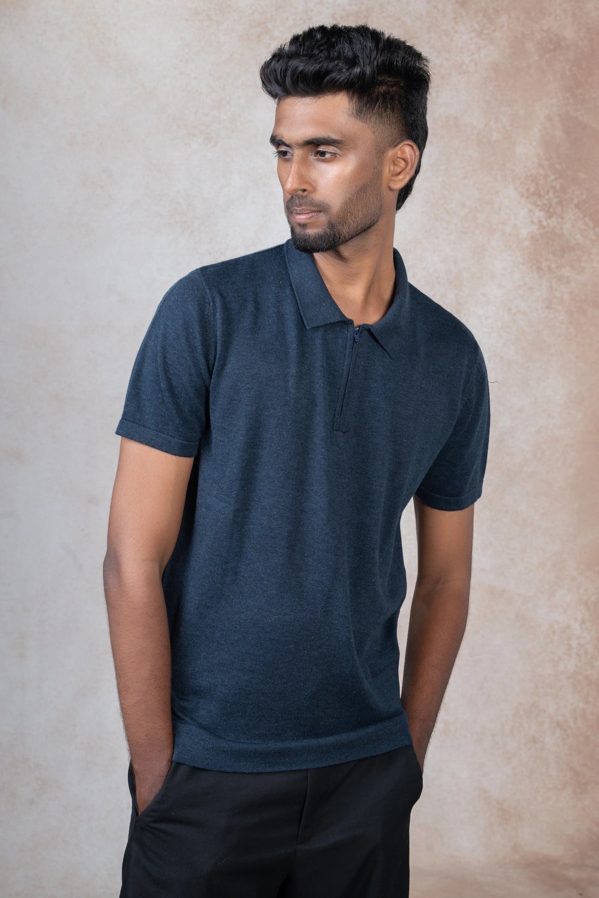 Charcoal Navy Flat Knit Zip Polo