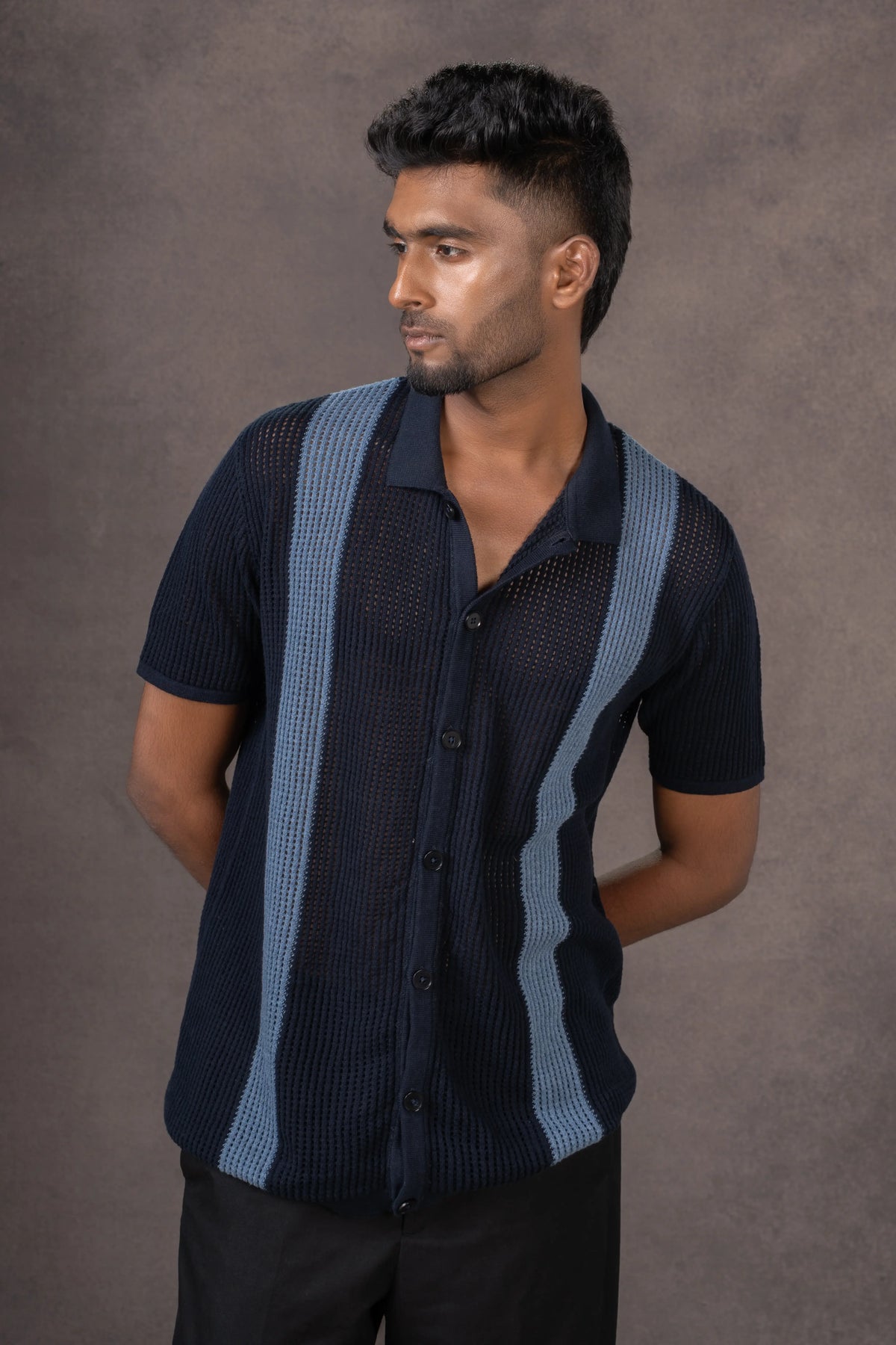 Pointelle Panel Knit Polo Shirt