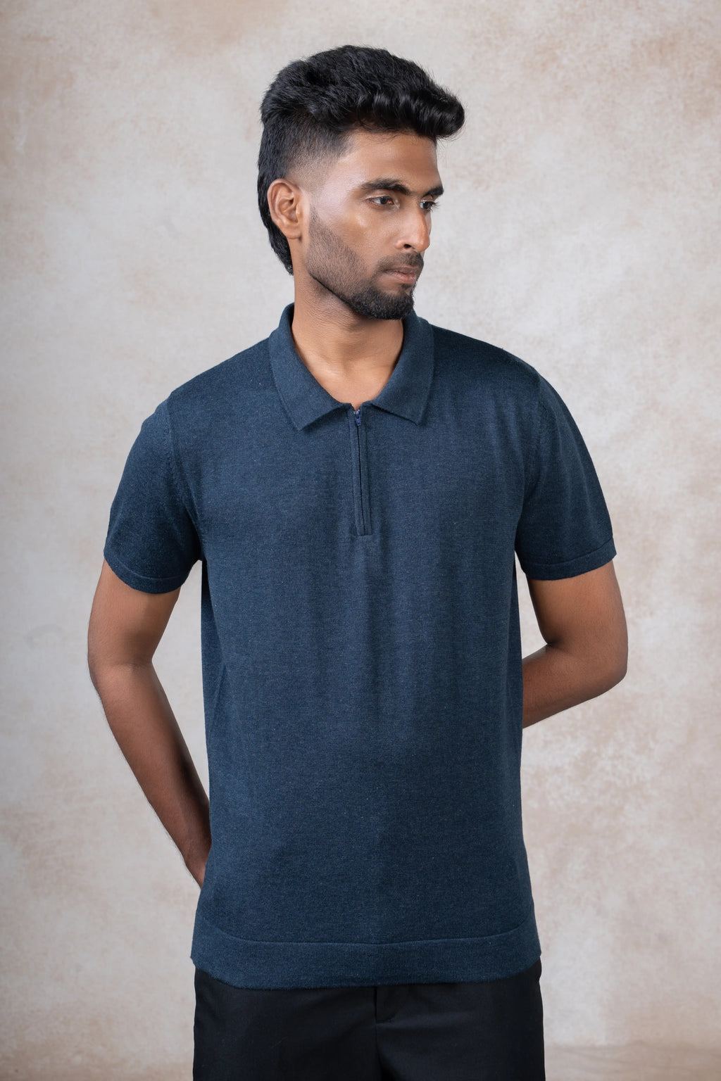 Charcoal Navy Flat Knit Zip Polo