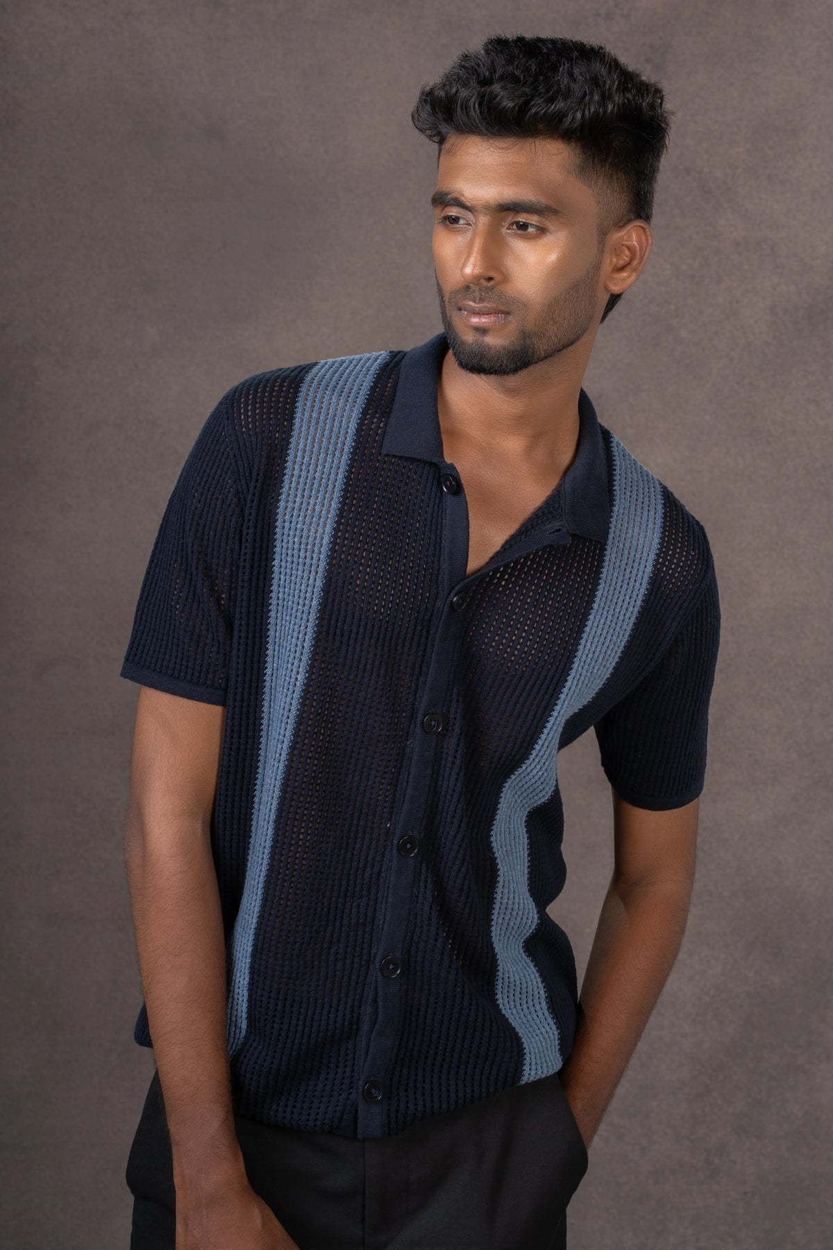 Pointelle Panel Knit Polo Shirt